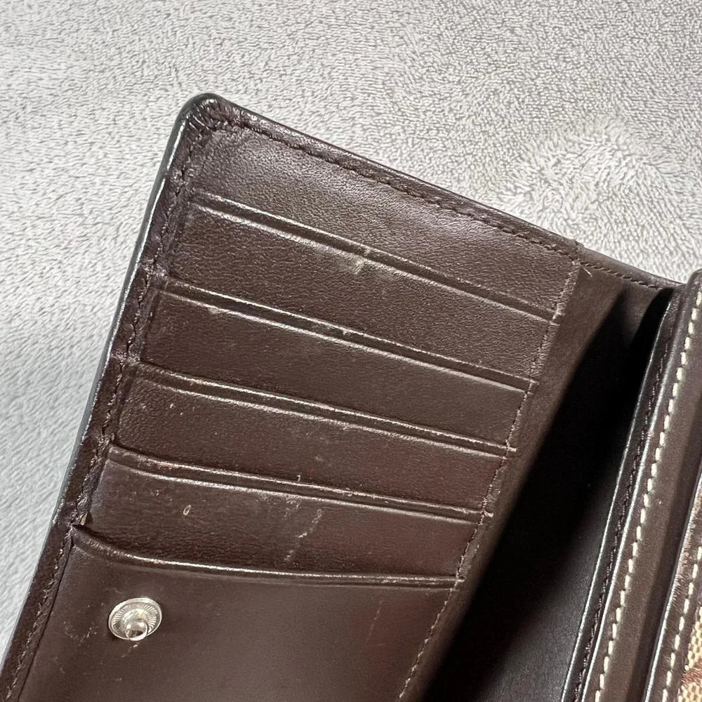Coach Signature Jacquard Medium Wallet Brown Leather Trim Zip Pocket 5.5x4